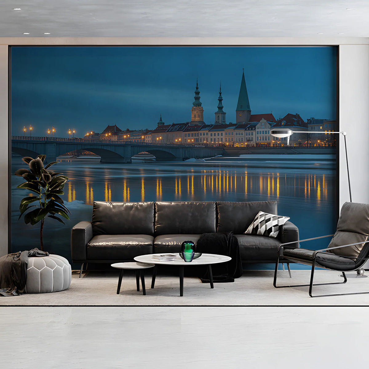 Twilight Riverside Cityscape Mural Wallpaper —Architectural Mural Mural Wallpaper - pure wallpaper artwork