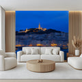 Mediterranean Harbor Cityscape Mural Wallpaper —Night Coastal View Mural Wallpaper - pure wallpaper artwork