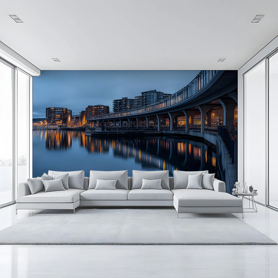 Modern Waterfront Cityscape Mural Wallpaper — Urban Night View Mural Wallpaper