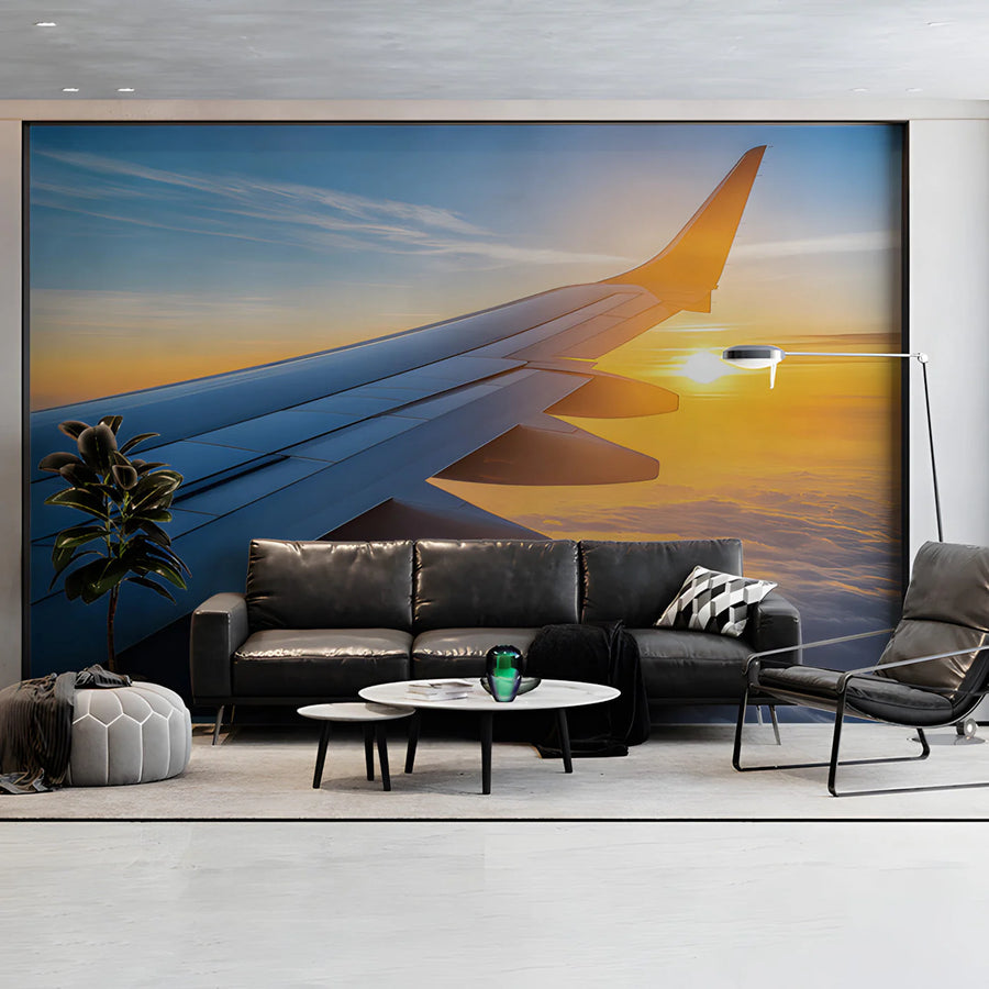 Golden Hour Airplane Wing Mural Wallpaper —Sunset Sky View Mural Wallpaper