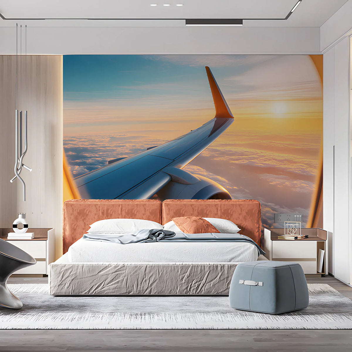 Airplane Wing at Sunset Sky Mural Wallpaper — Dreamy Travel Mural Wallpaper - pure wallpaper artwork