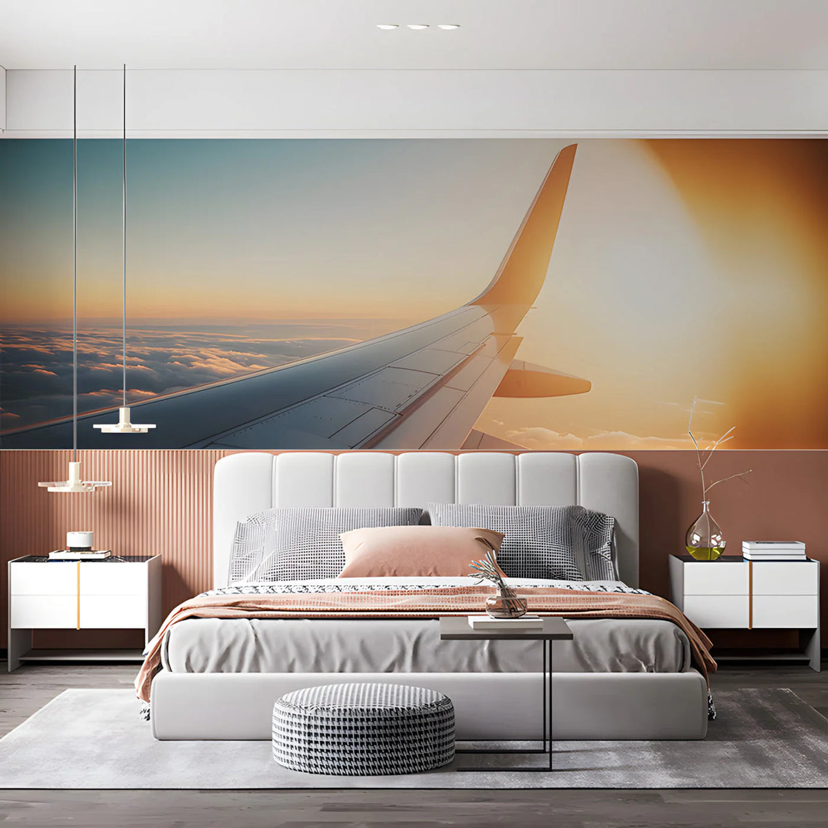 Golden Hour Airplane Wing Mural Wallpaper —Modern Aerial View Mural Wallpaper - pure wallpaper artwork