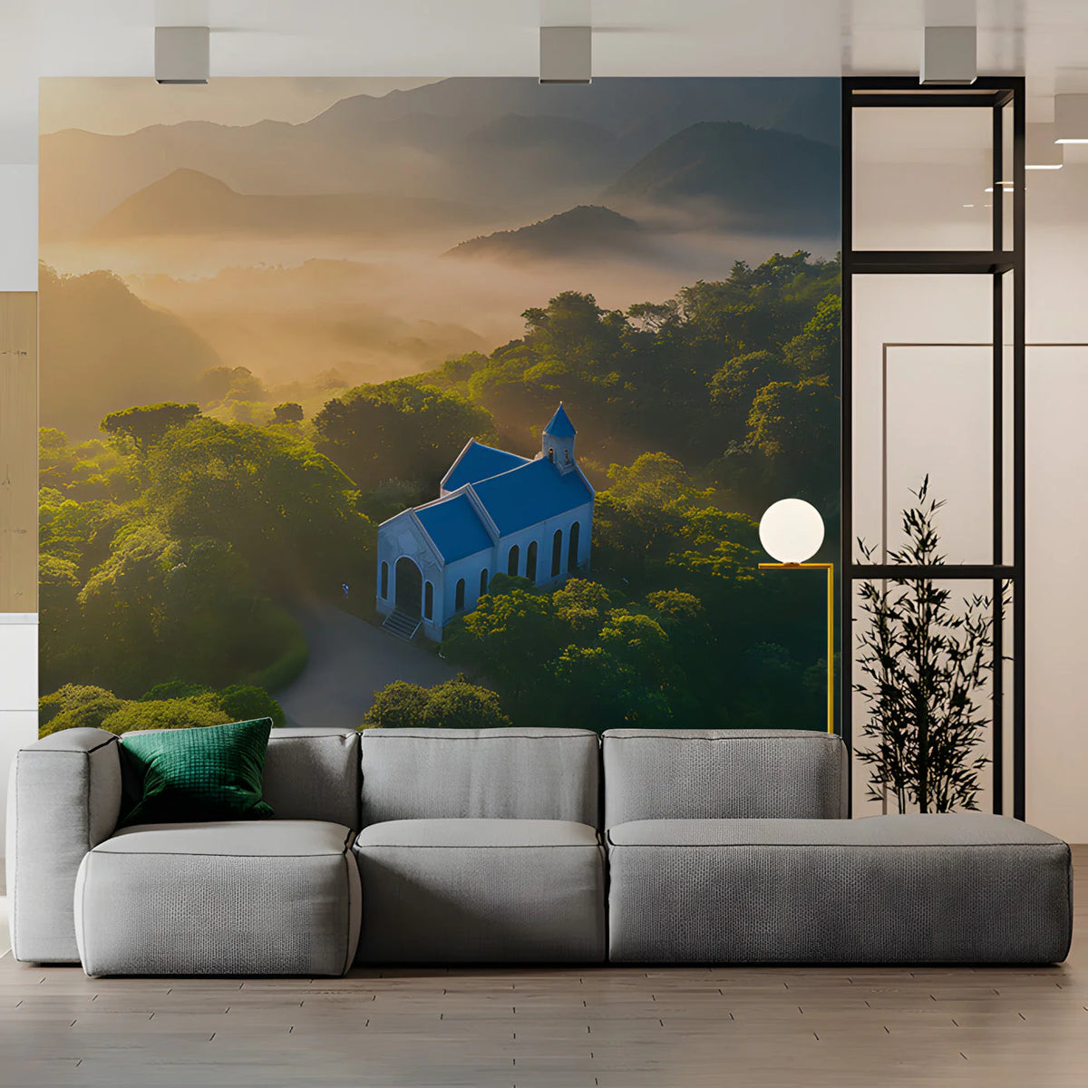 Mountain Church Landscape Mural Wallpaper — Golden Morning Light Mural Wallpaper - pure wallpaper artwork
