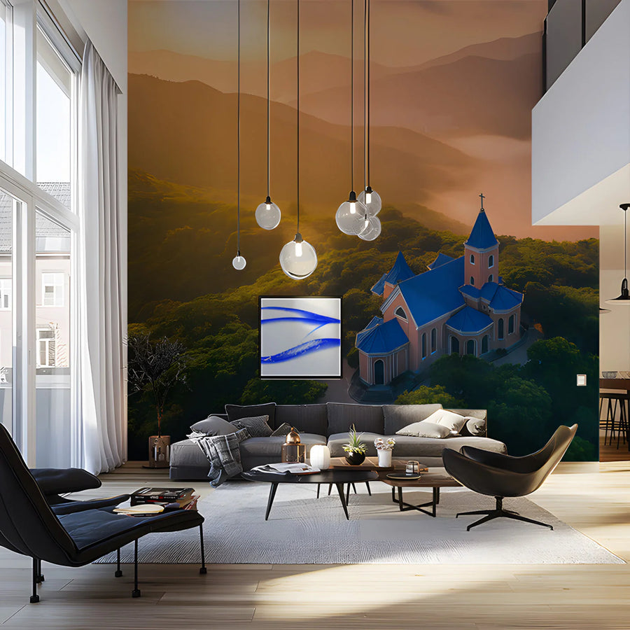 Mountain Chapel Sunrise Mural Wallpaper —Ethereal Scenic View Mural Wallpaper