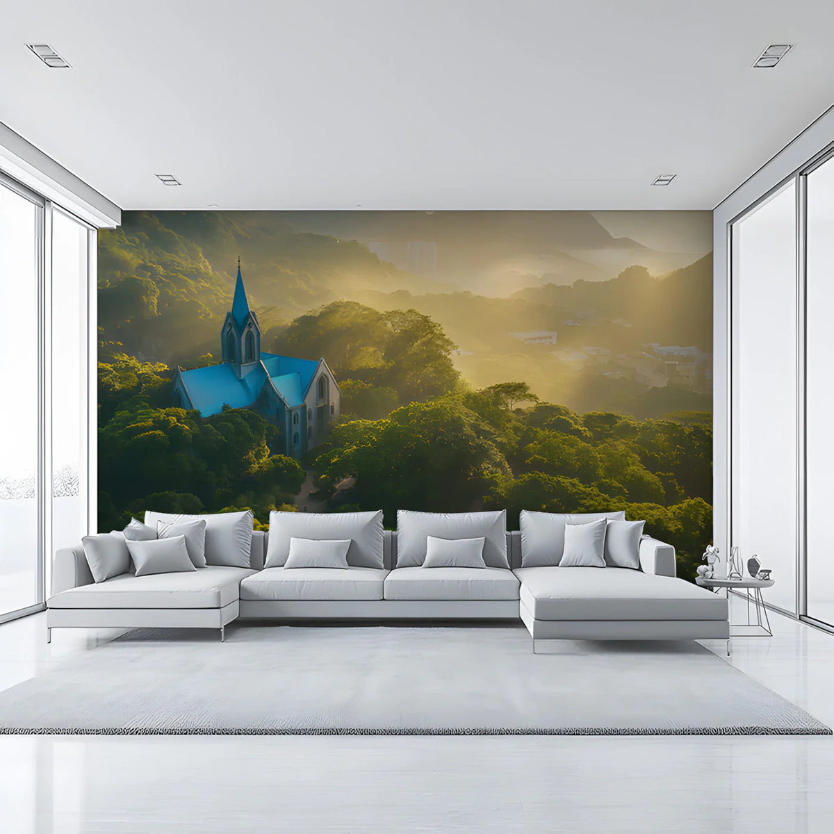 Mountain Chapel Scenic Mural Wallpaper — Golden Hour Landscape Mural Wallpaper - pure wallpaper artwork