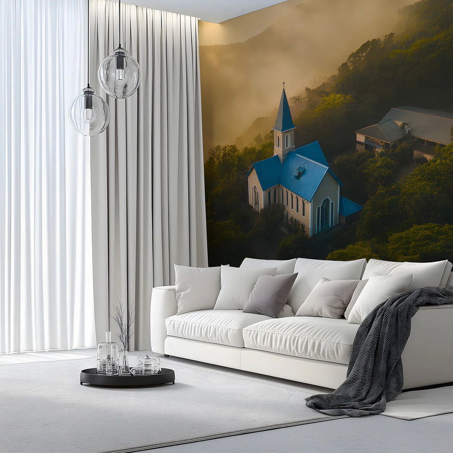 Blue Church Hilltop Mural Wallpaper —Misty Morning Landscape Mural Wallpaper