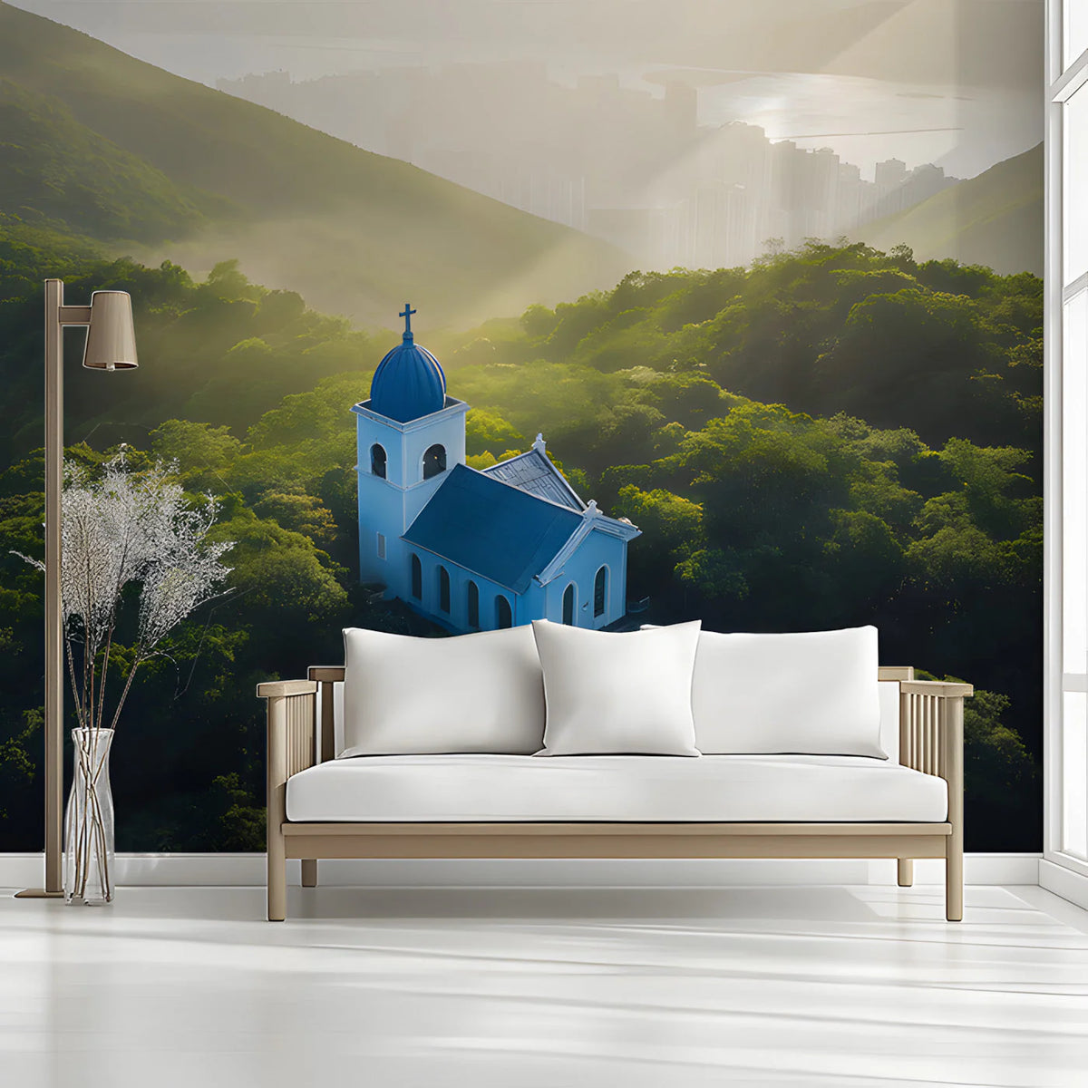 Mist-Covered Mountain Chapel Mural Wallpaper — Aerial Landscape Mural Wallpaper - pure wallpaper artwork