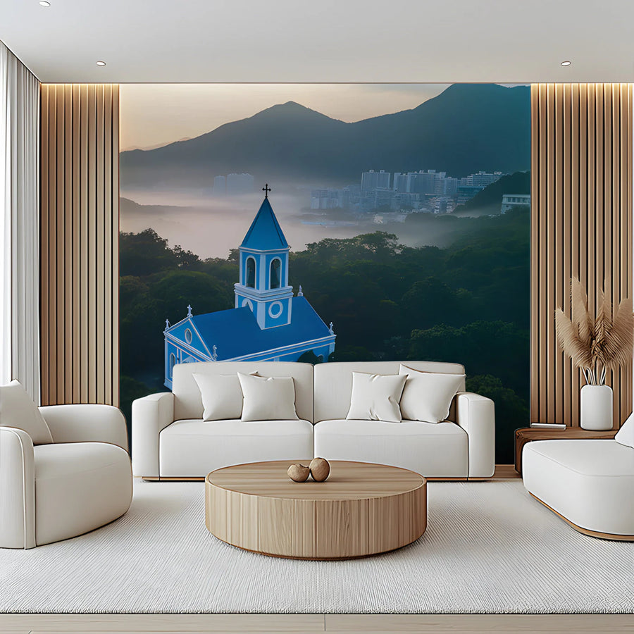 Mist-Veiled Blue Church Mural Wallpaper — Tranquil Landscape Mural Wallpaper