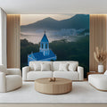 Mist-Veiled Blue Church Mural Wallpaper — Tranquil Landscape Mural Wallpaper - pure wallpaper artwork