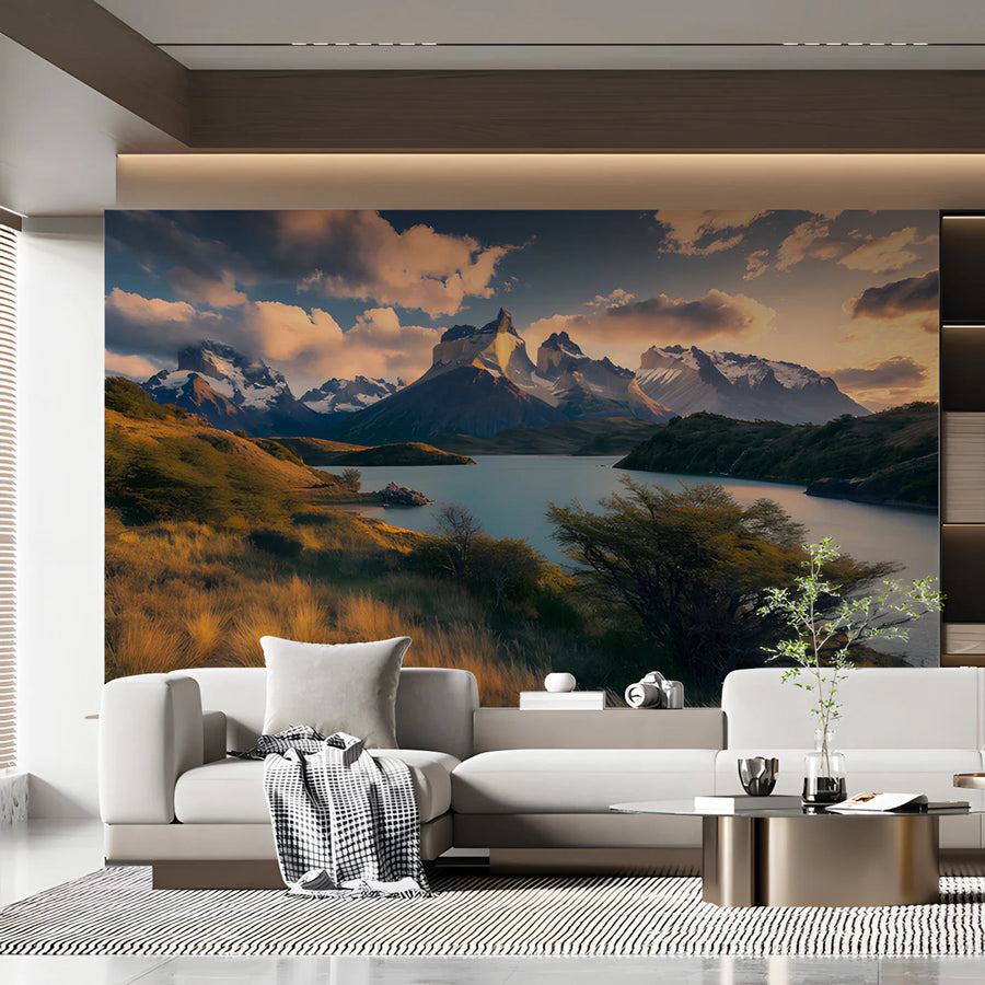 Patagonian Mountain Lake Mural Wallpaper —Golden Hour Horizon Mural Wallpaper