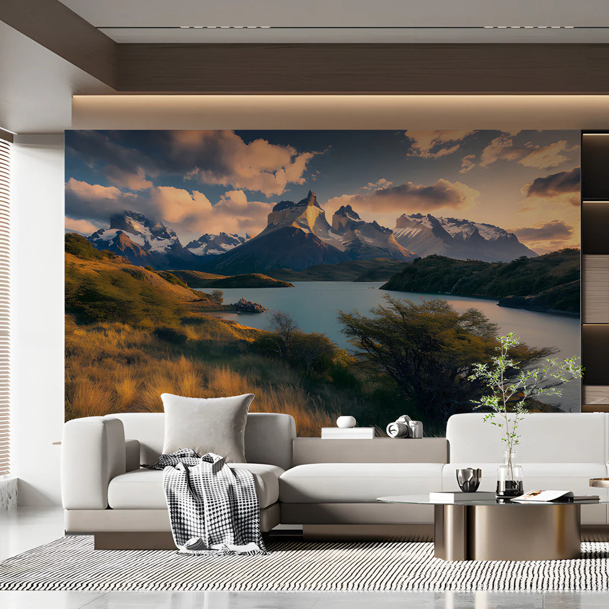 Patagonian Mountain Lake Mural Wallpaper —Golden Hour Horizon Mural Wallpaper - pure wallpaper artwork
