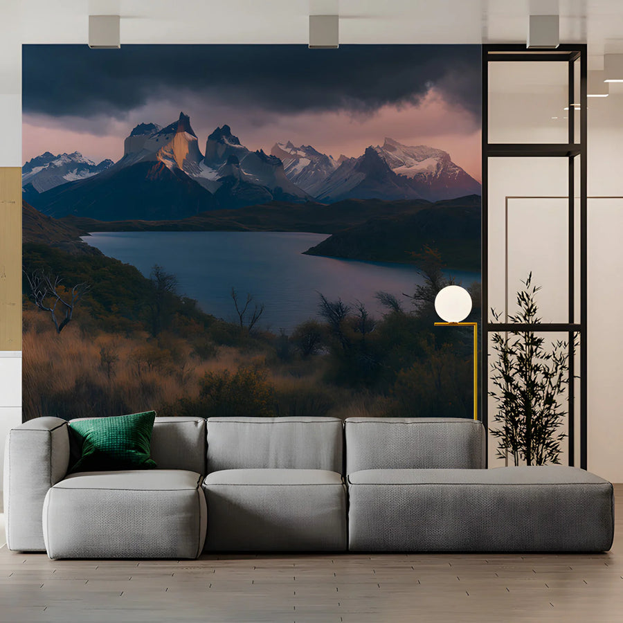Patagonian Mountain Lake Mural Wallpaper —Moody Sunset Landscape Mural Wallpaper