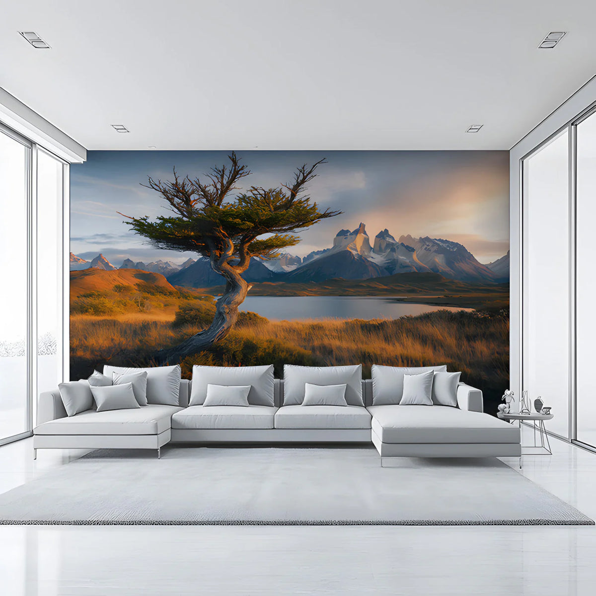 Patagonia Mountain Lake Mural Wallpaper — Rustic Natural Landscape Mural Wallpaper - pure wallpaper artwork