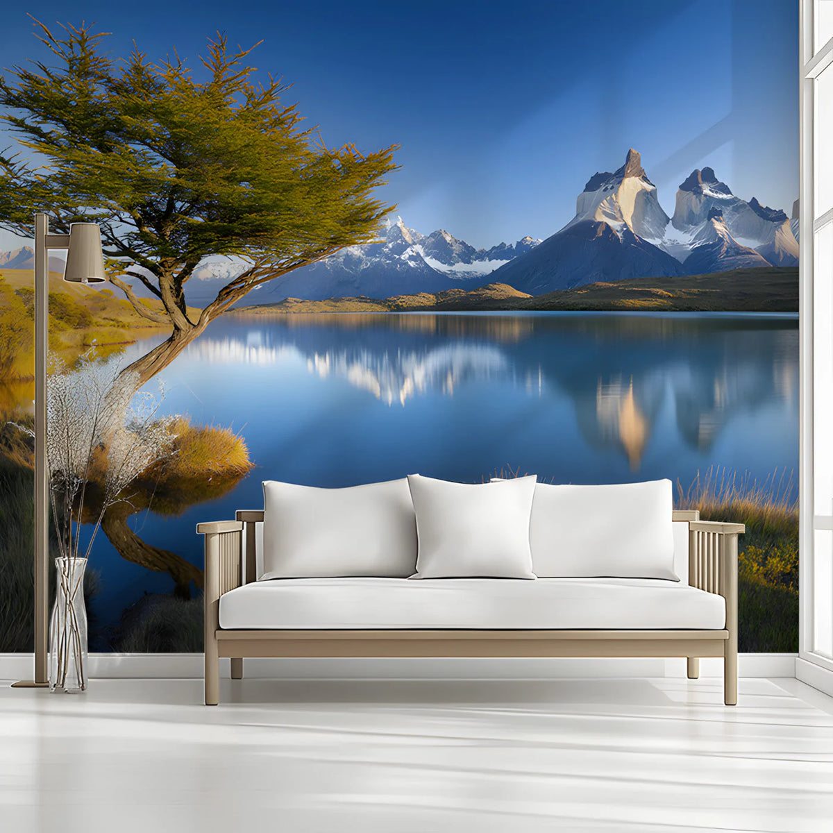 Patagonian Solitary Tree Mountain Mural Wallpaper — Scenic Landscape Mural Wallpaper - pure wallpaper artwork