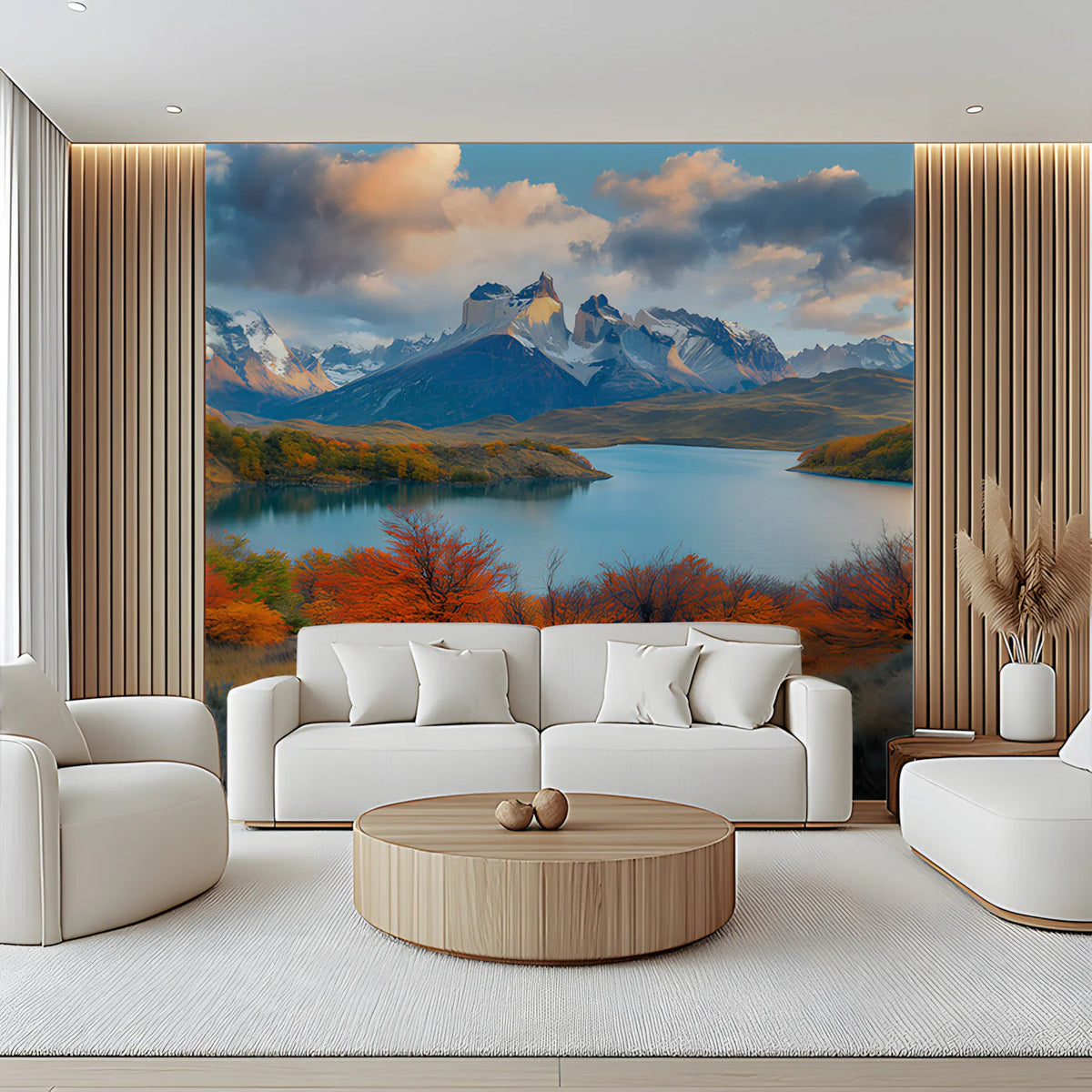 Patagonia Mountain Lake Mural Wallpaper — Scenic Autumn Landscape Mural Wallpaper - pure wallpaper artwork