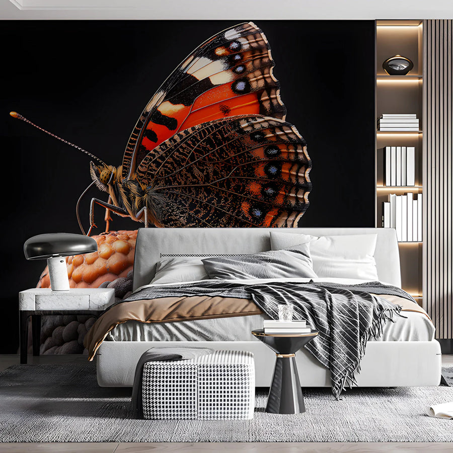 Macro Butterfly and Textured Bloom Mural Wallpaper — Dark Botanical Mural Wallpaper