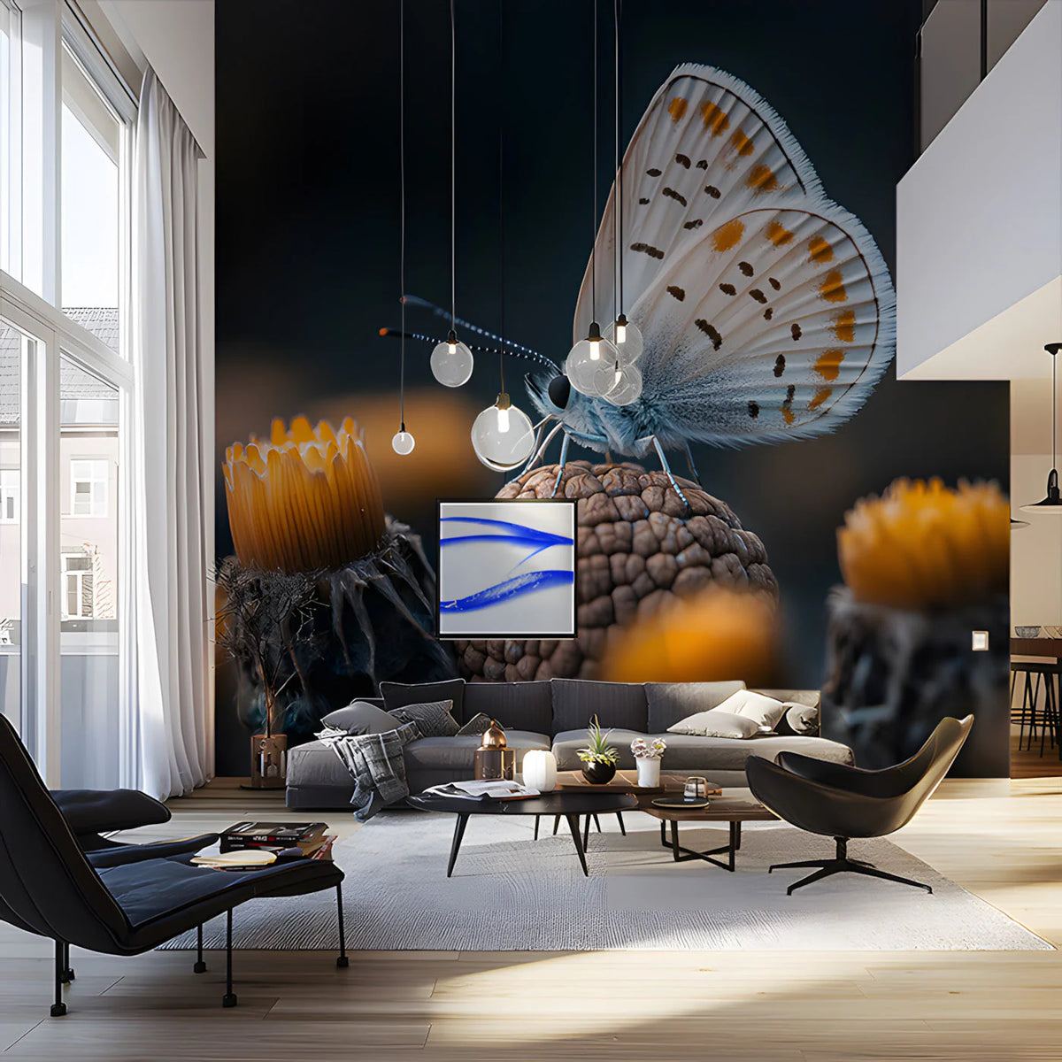 Macro Butterfly and Wildflower Mural Wallpaper — Moody Nature Mural Wallpaper - pure wallpaper artwork