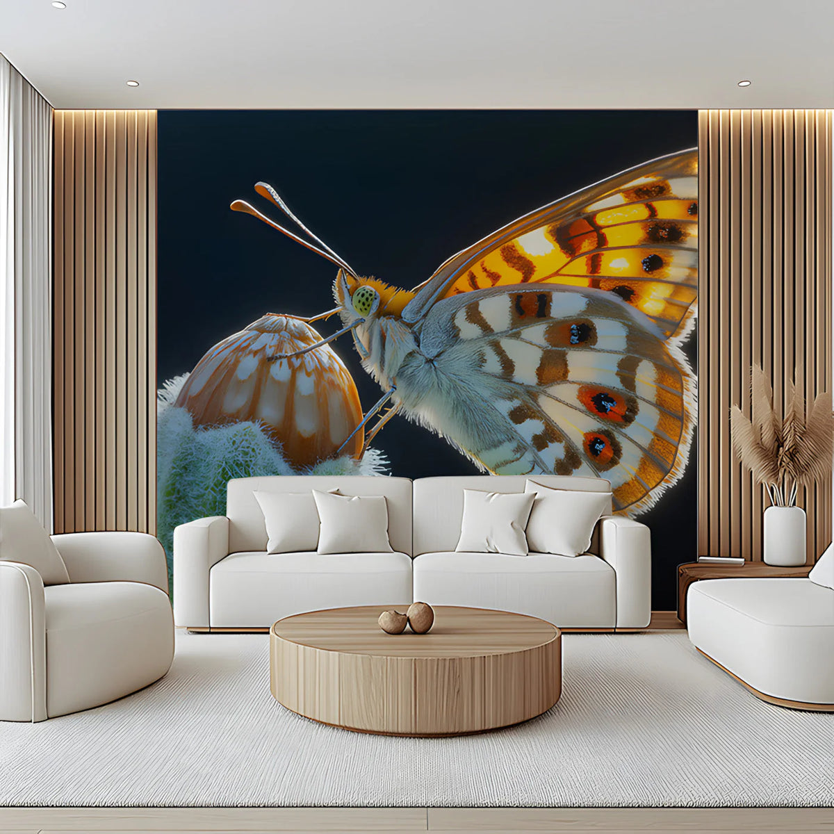Macro Butterfly and Bud Mural Wallpaper — Dramatic Natural Detail Mural Wallpaper - pure wallpaper artwork