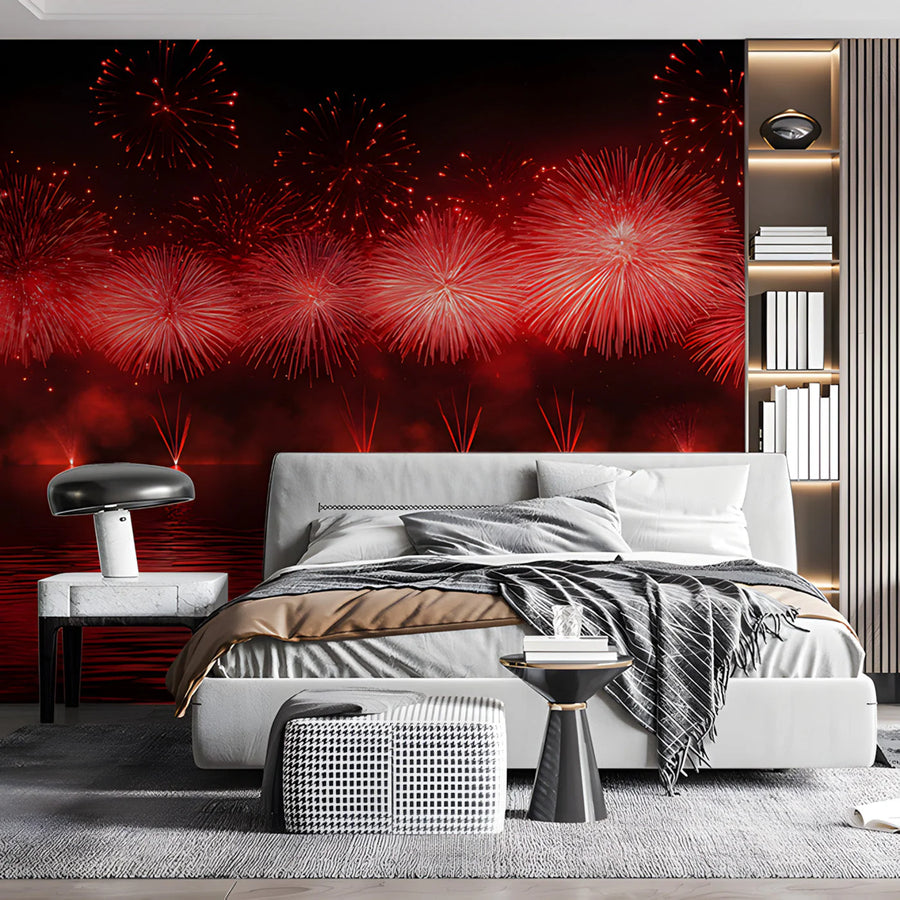 Crimson Fireworks Night Mural Wallpaper — Energetic Festive Decor Mural Wallpaper