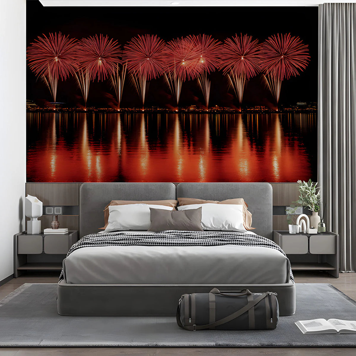 Crimson Fireworks Mural Wallpaper — Night Sky Waterfront Design Mural Wallpaper - pure wallpaper artwork