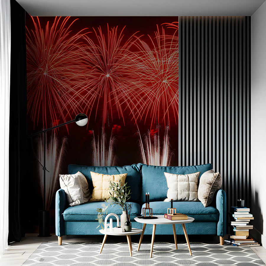 Fiery Crimson Fireworks Mural Wallpaper — Bold Modern Statement Mural Wallpaper