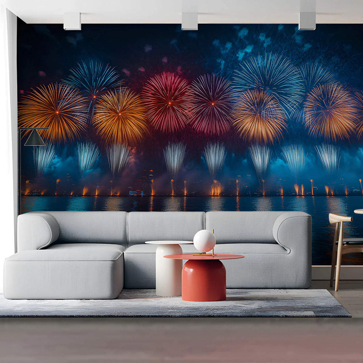 Fireworks Over Water Mural Wallpaper — Vibrant Festive Design Mural Wallpaper - pure wallpaper artwork