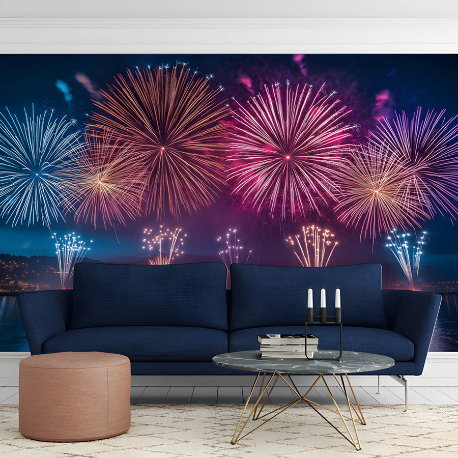 Celebratory Night Sky Fireworks Mural Wallpaper — Festive Style Mural Wallpaper