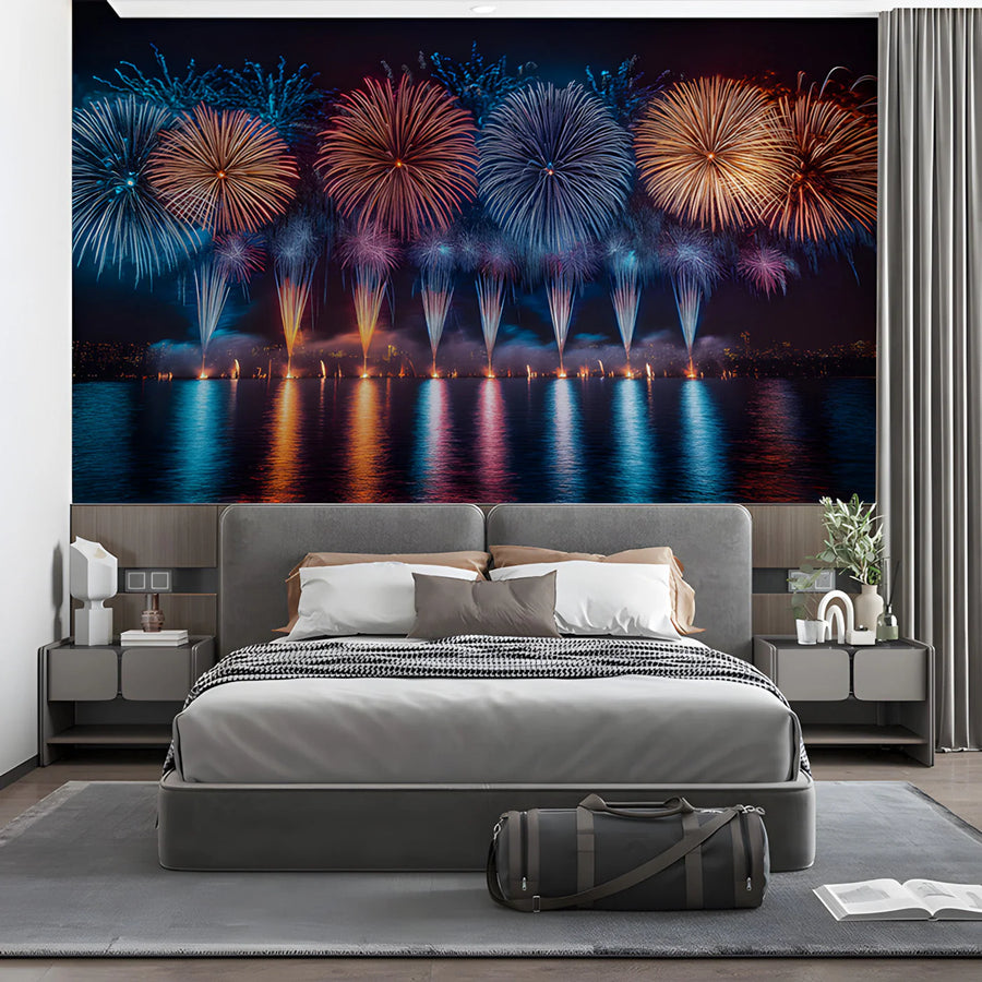 Fireworks Over Water Mural Wallpaper — Vibrant Festive Design Mural Wallpaper