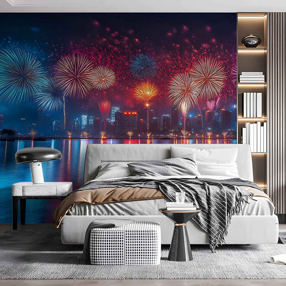 Fireworks Over City Skyline Mural Wallpaper — Festive Night Scene Mural Wallpaper - pure wallpaper artwork
