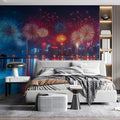 Fireworks Over City Skyline Mural Wallpaper — Festive Night Scene Mural Wallpaper - pure wallpaper artwork