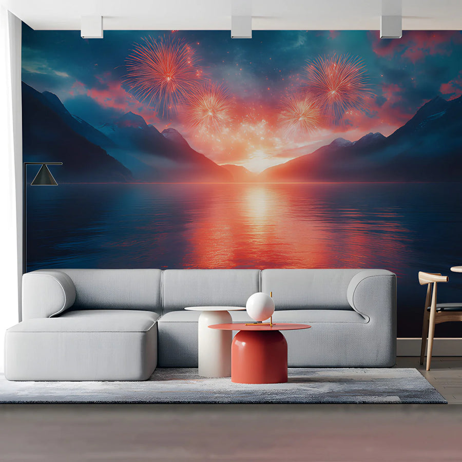 Fiery Mountain Lake Landscape Mural Wallpaper — Scenic Horizon Mural Wallpaper