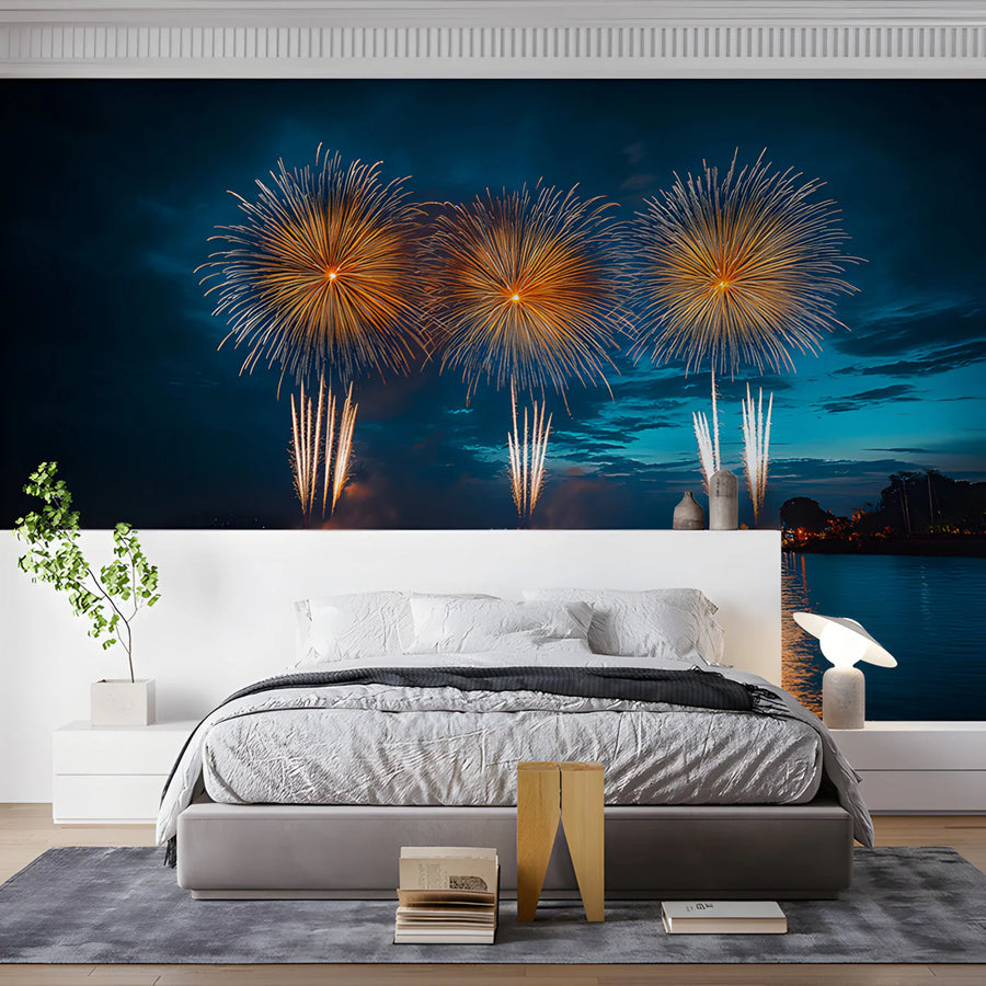 Golden Fireworks Over Water Mural Wallpaper —Midnight Blue Night Sky Mural Wallpaper