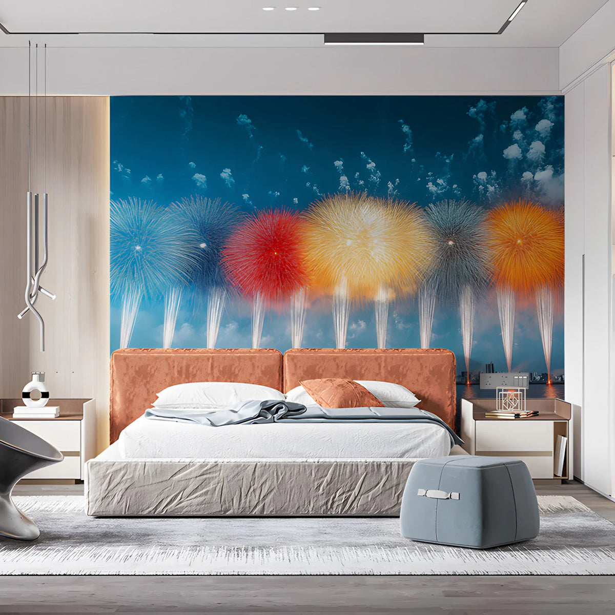 Vibrant Night Fireworks Mural Wallpaper — Energetic Urban Scene Mural Wallpaper - pure wallpaper artwork