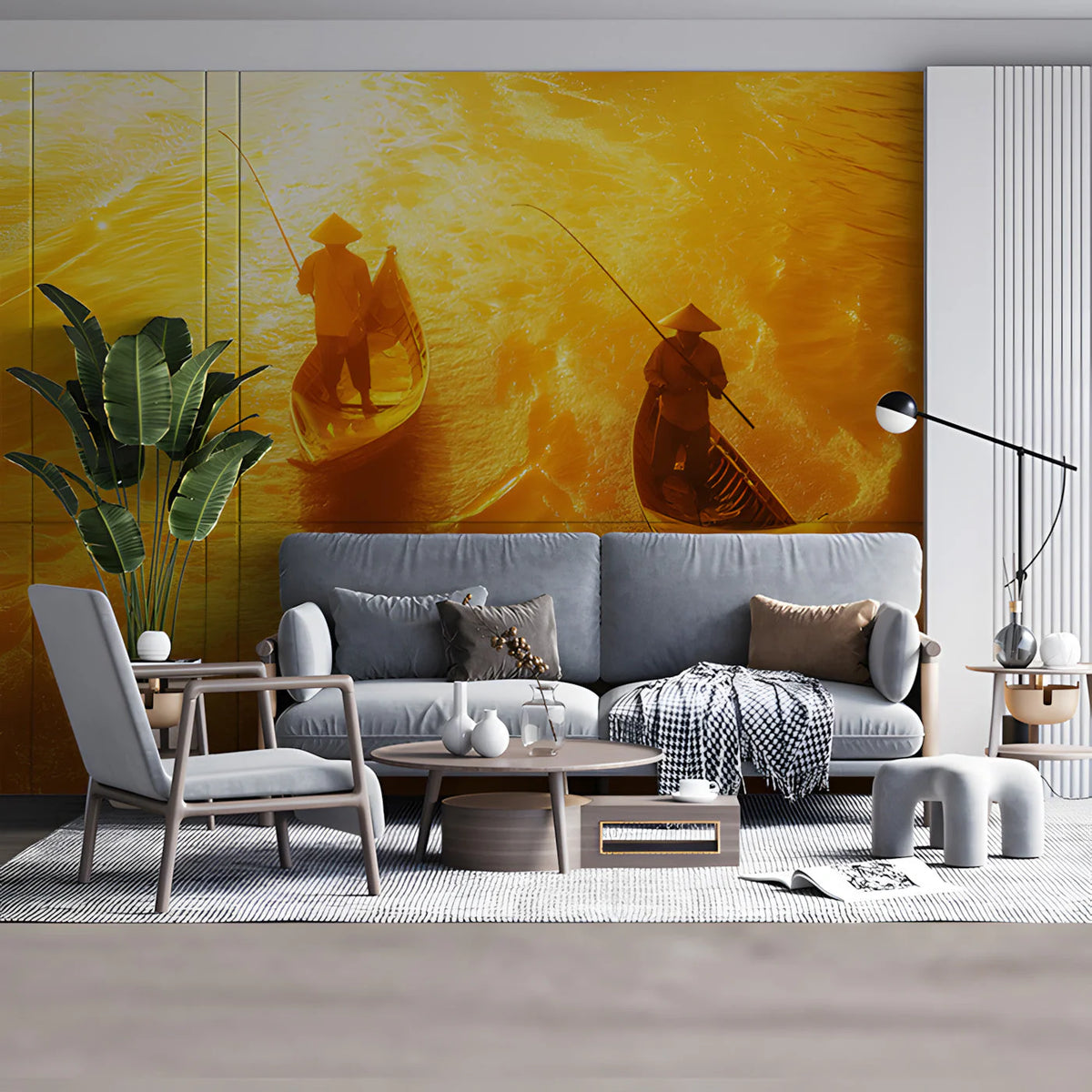 Golden Fishing Scene Mural Wallpaper — Traditional Cultural Decor Mural Wallpaper - pure wallpaper artwork