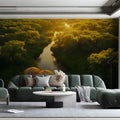 Golden Hour River and Forest Mural Wallpaper — Natural Scenic Mural Wallpaper - pure wallpaper artwork