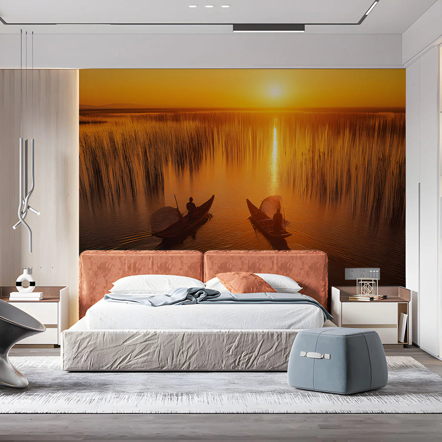 Golden Sunset Fisherman Mural Wallpaper — Warm Coastal Landscape Mural Wallpaper
