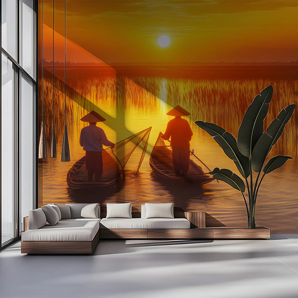 Golden Hour Fishing Boats Mural Wallpaper — Landscape Wall Decor Mural Wallpaper - pure wallpaper artwork