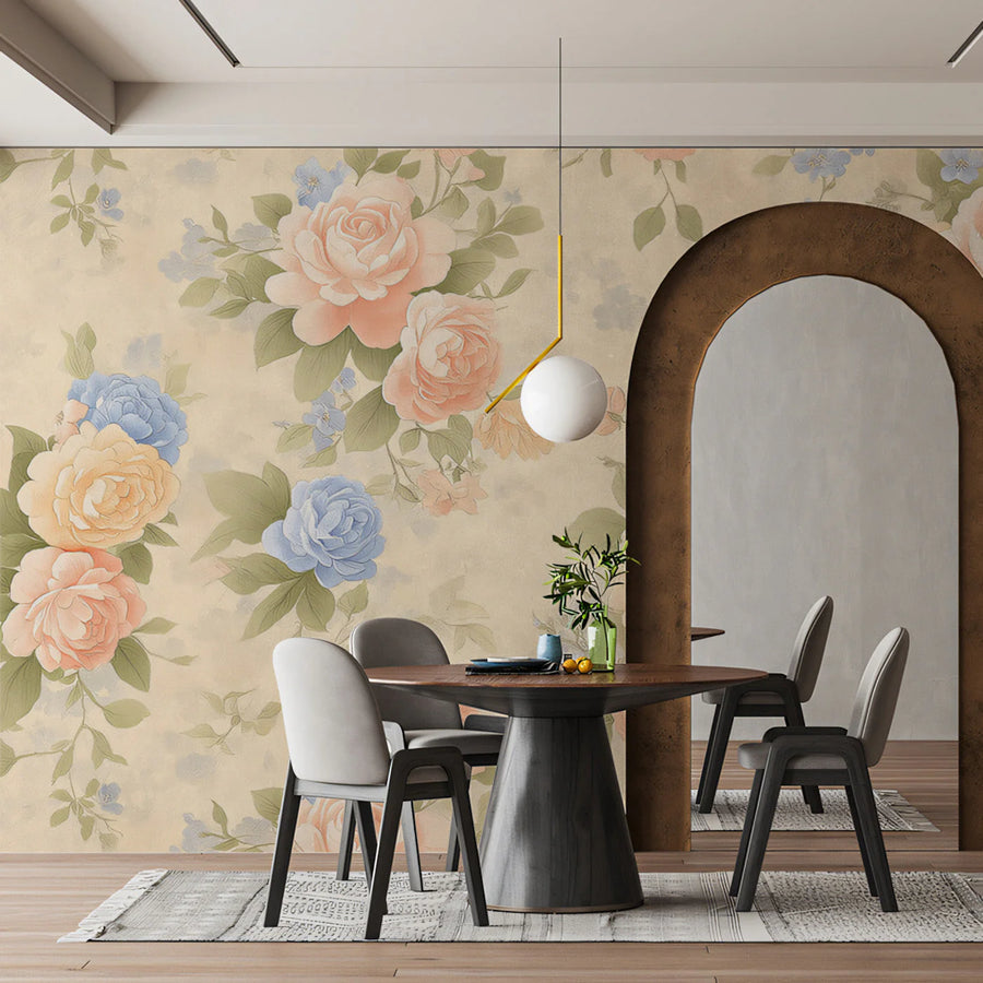 Vintage Rose Garden Floral Mural Wallpaper — Soft Pastel Tones Mural Wallpaper