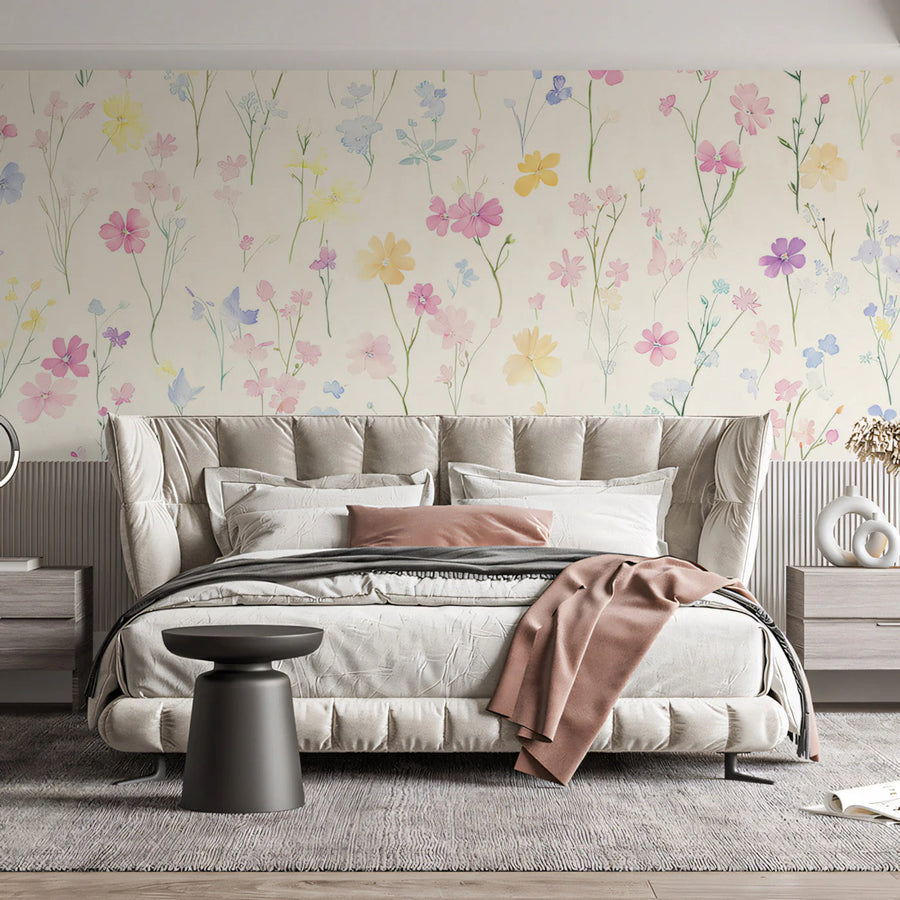 Pastel Floral Bedroom Mural Wallpaper Soft Serene Decoration Mural Wallpaper