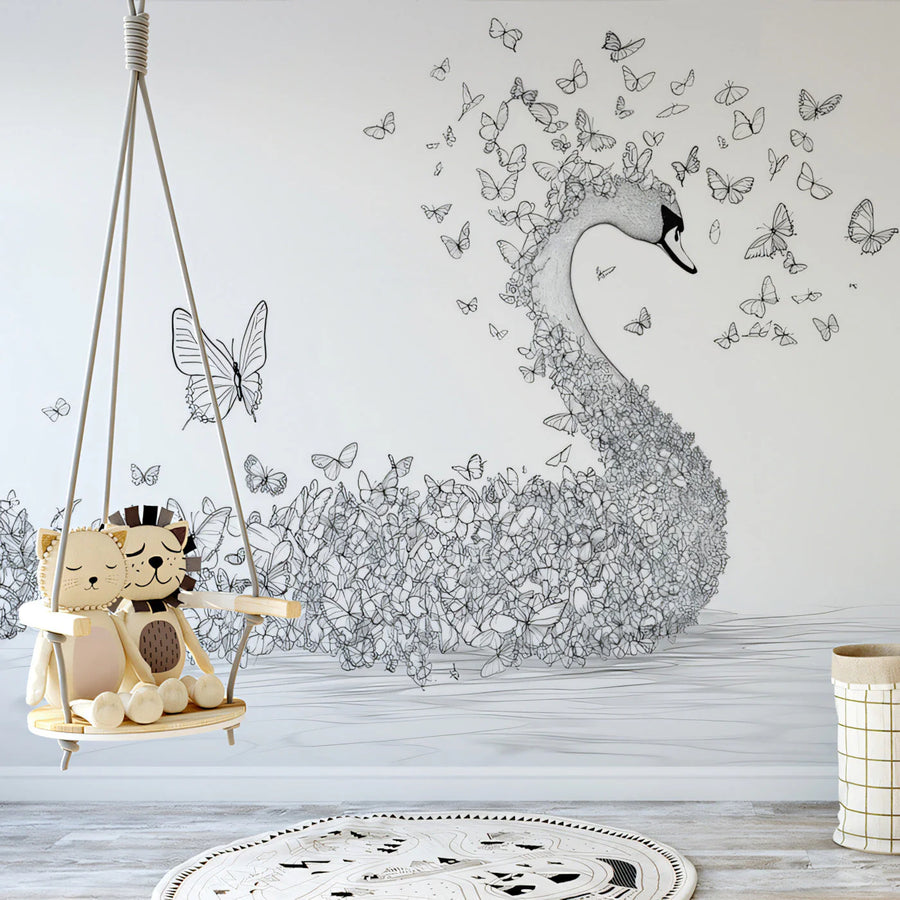 Butterfly Swan Sketch Mural Wallpaper —Whimsical Line Art Mural Wallpaper
