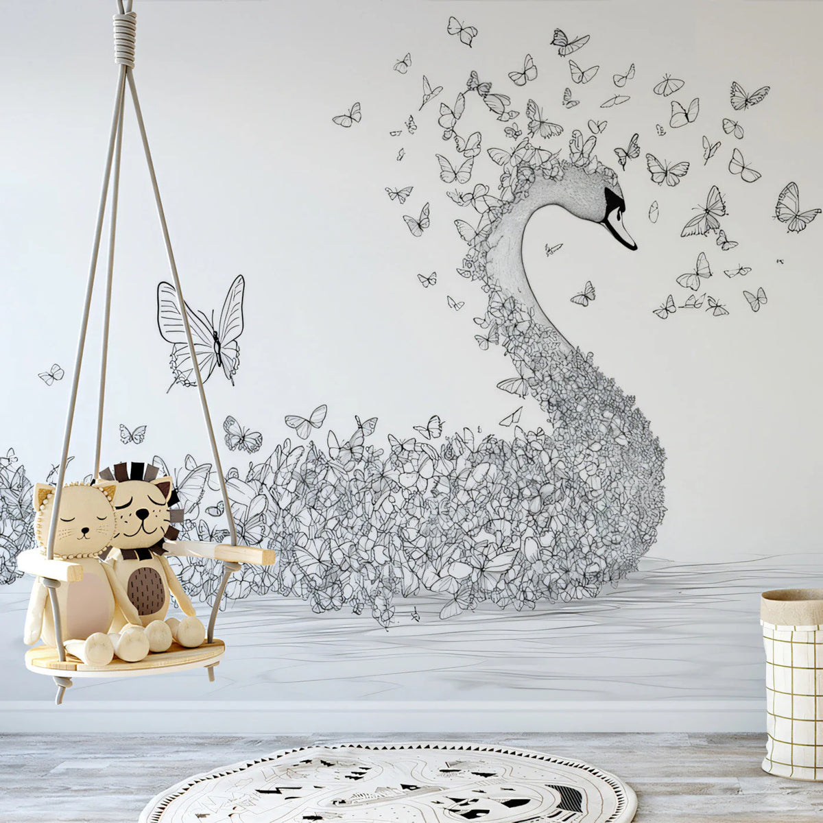 Butterfly Swan Sketch Mural Wallpaper —Whimsical Line Art Mural Wallpaper - pure wallpaper artwork