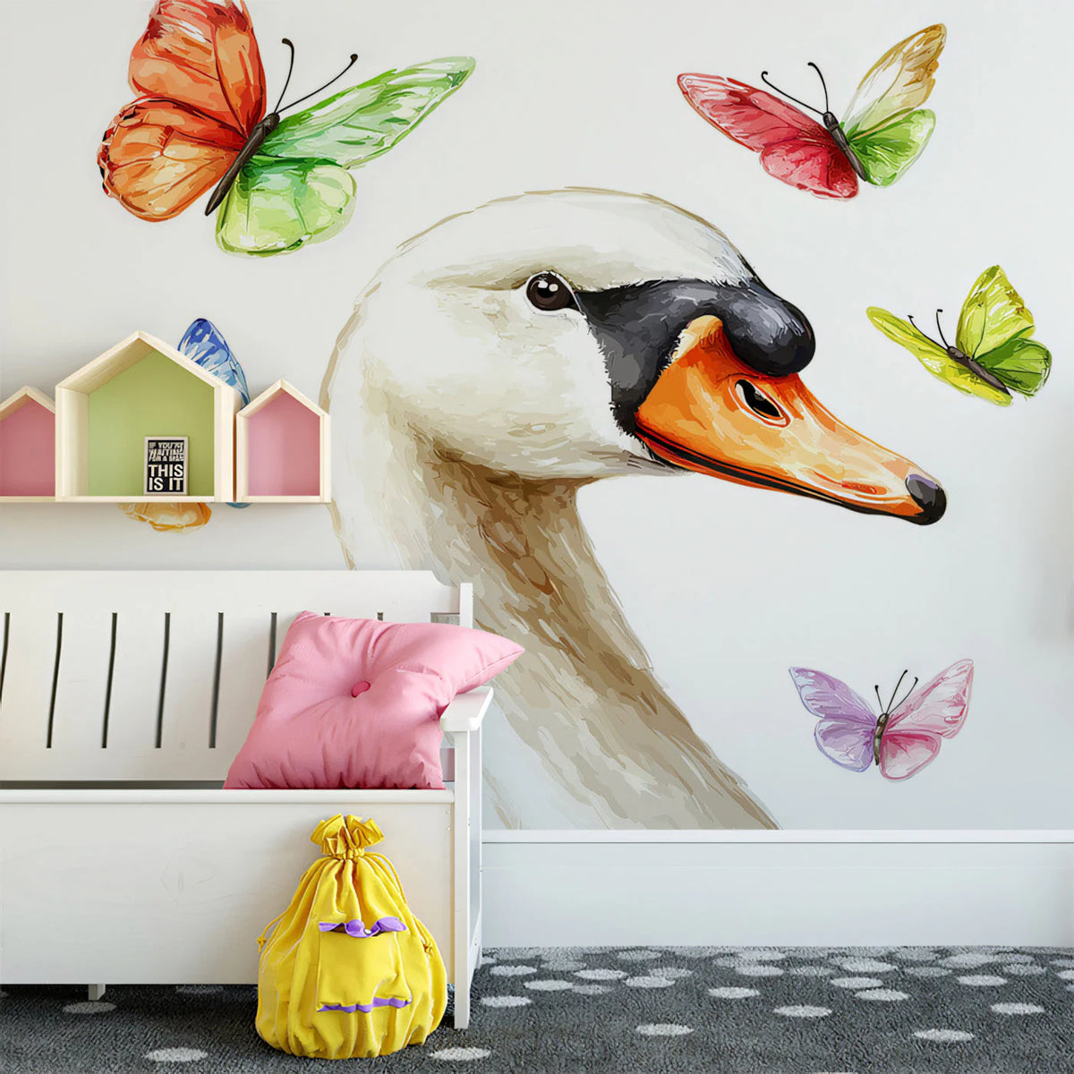 Swan and Colorful Butterflies Mural Wallpaper —Whimsical Decor Mural Wallpaper - pure wallpaper artwork