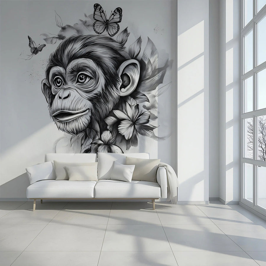 Chimpanzee and Butterflies Mural Wallpaper — Ink Sketch Illustration Mural Wallpaper