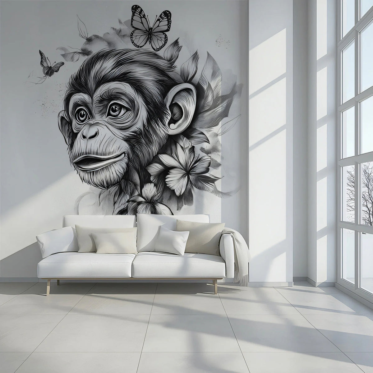 Chimpanzee and Butterflies Mural Wallpaper — Ink Sketch Illustration Mural Wallpaper - pure wallpaper artwork