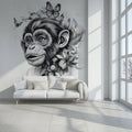 Chimpanzee and Butterflies Mural Wallpaper — Ink Sketch Illustration Mural Wallpaper - pure wallpaper artwork