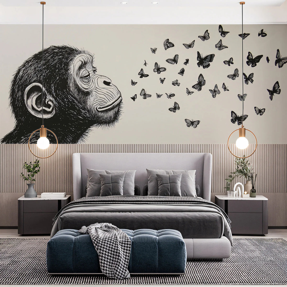 Chimpanzee and Butterflies Ink Style Mural Wallpaper - pure wallpaper artwork