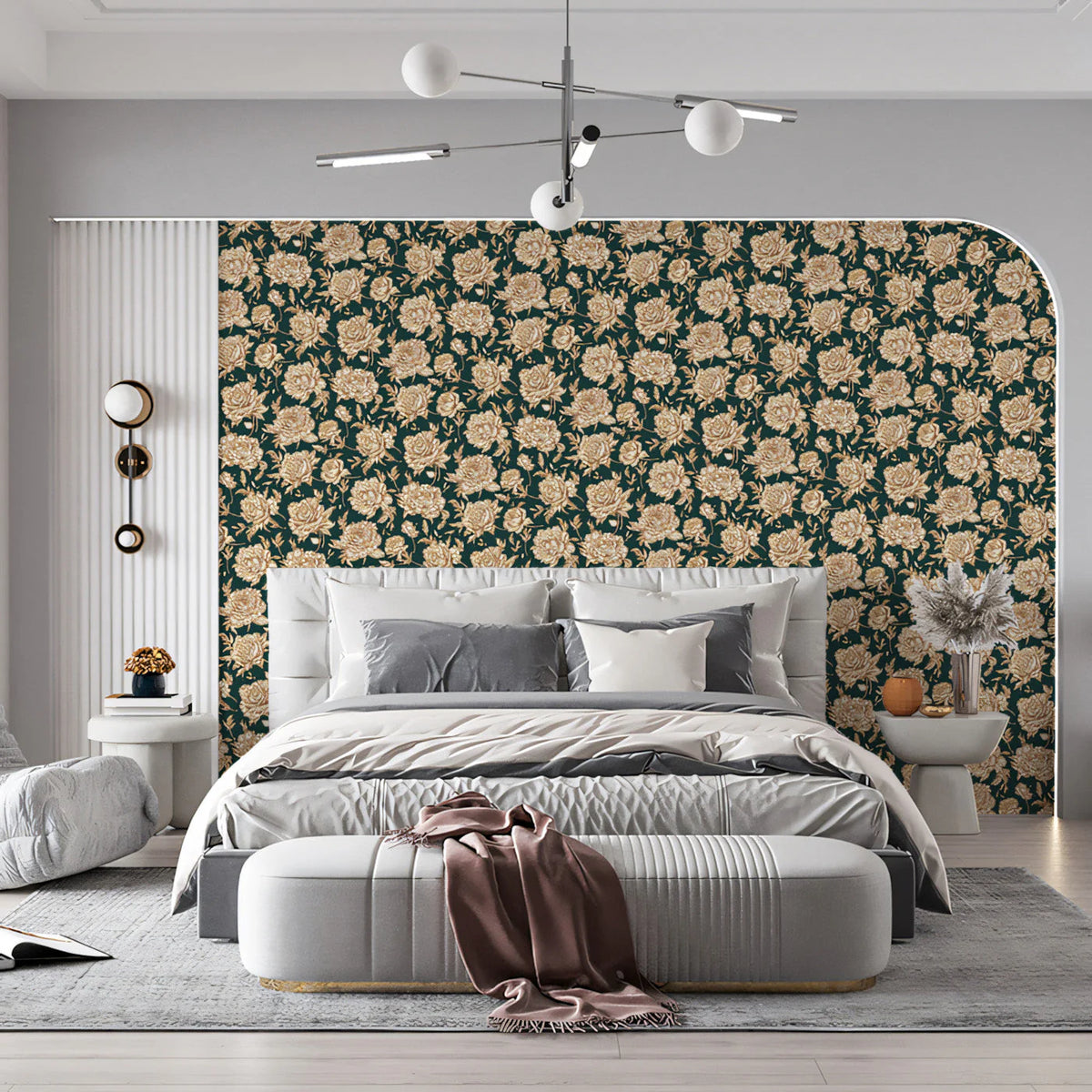 Vintage Rose Garden Mural Wallpaper — Deep Green and Gold Floral Mural Wallpaper - pure wallpaper artwork