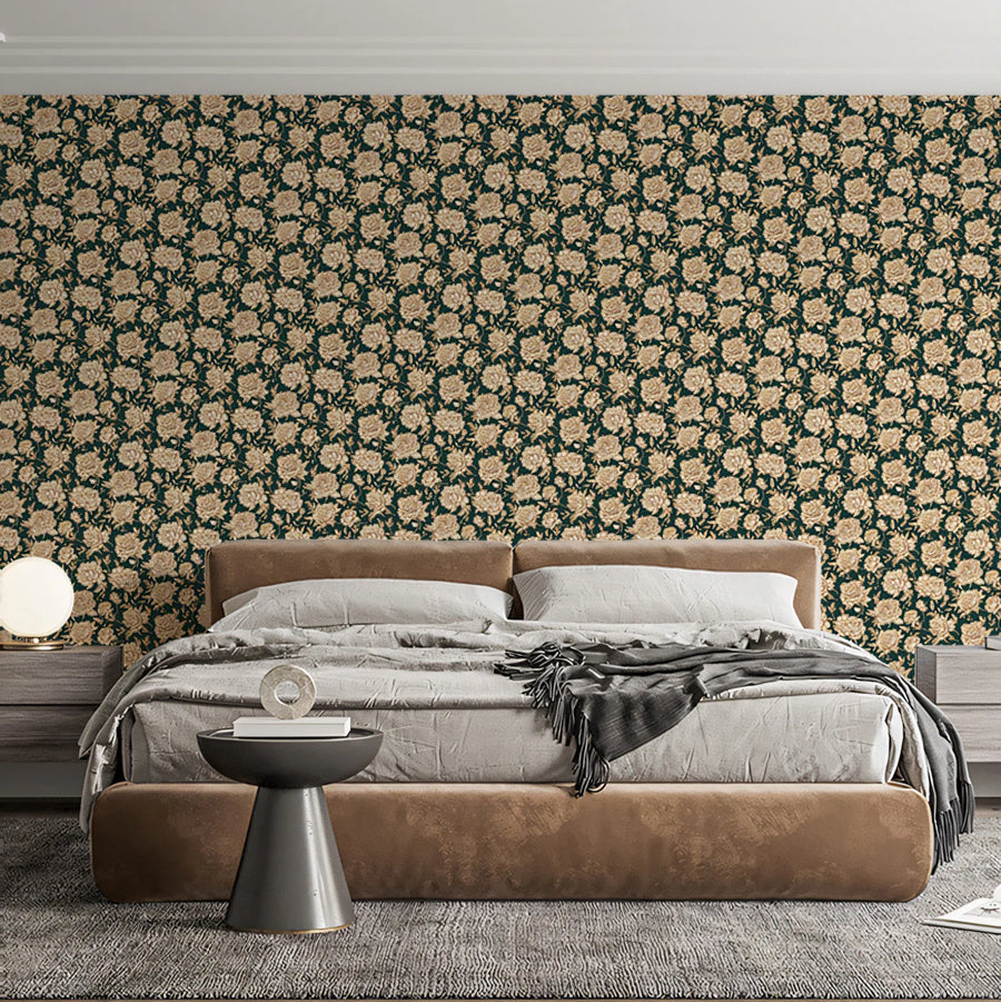Golden Floral Bloom Mural Wallpaper — Rich Botanical Tapestry Mural Wallpaper