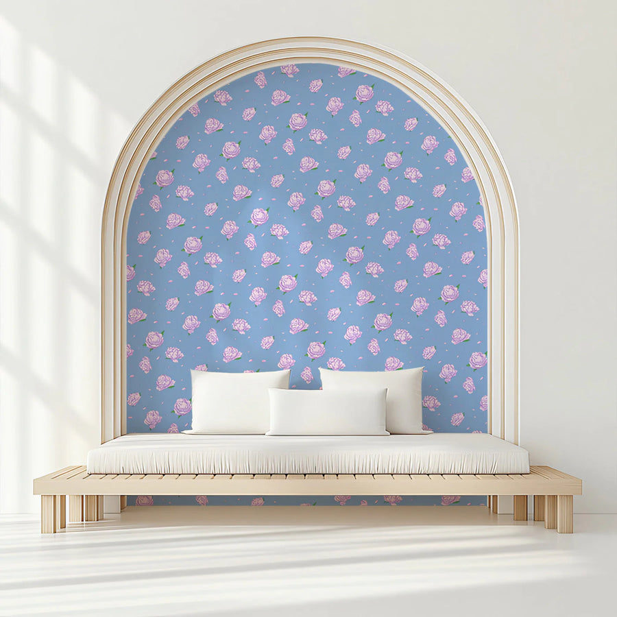Vintage Rose Garden Mural Wallpaper — Soft Blue Floral Design Mural Wallpaper