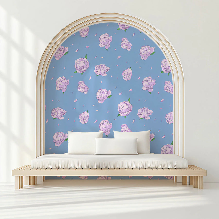 Pastel Peony Floral Mural Wallpaper — Soft Blue Botanical Art Mural Wallpaper